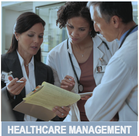 Image of a health care manager holding a clipboard speaking with a doctor and a nurse