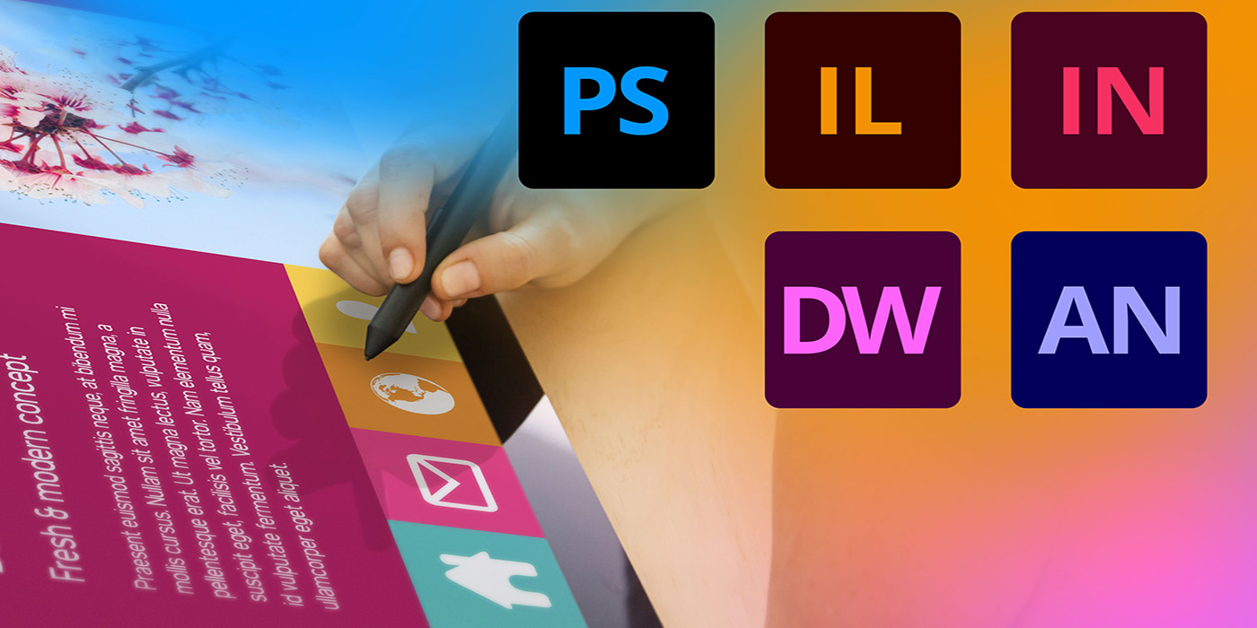 Featured Adobe product logos and image of person drawing on tablet