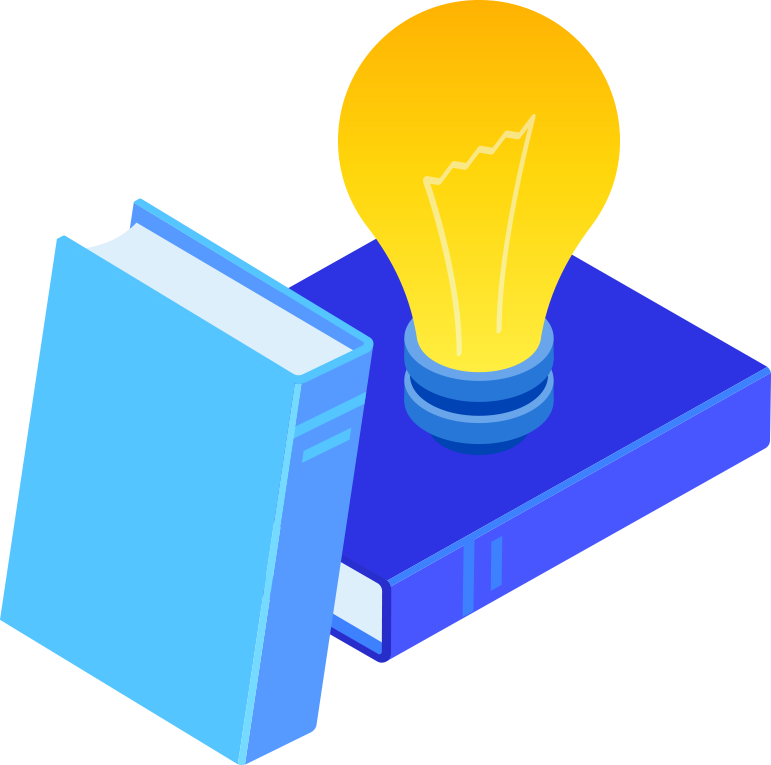 Illustration of a light bulb atop books