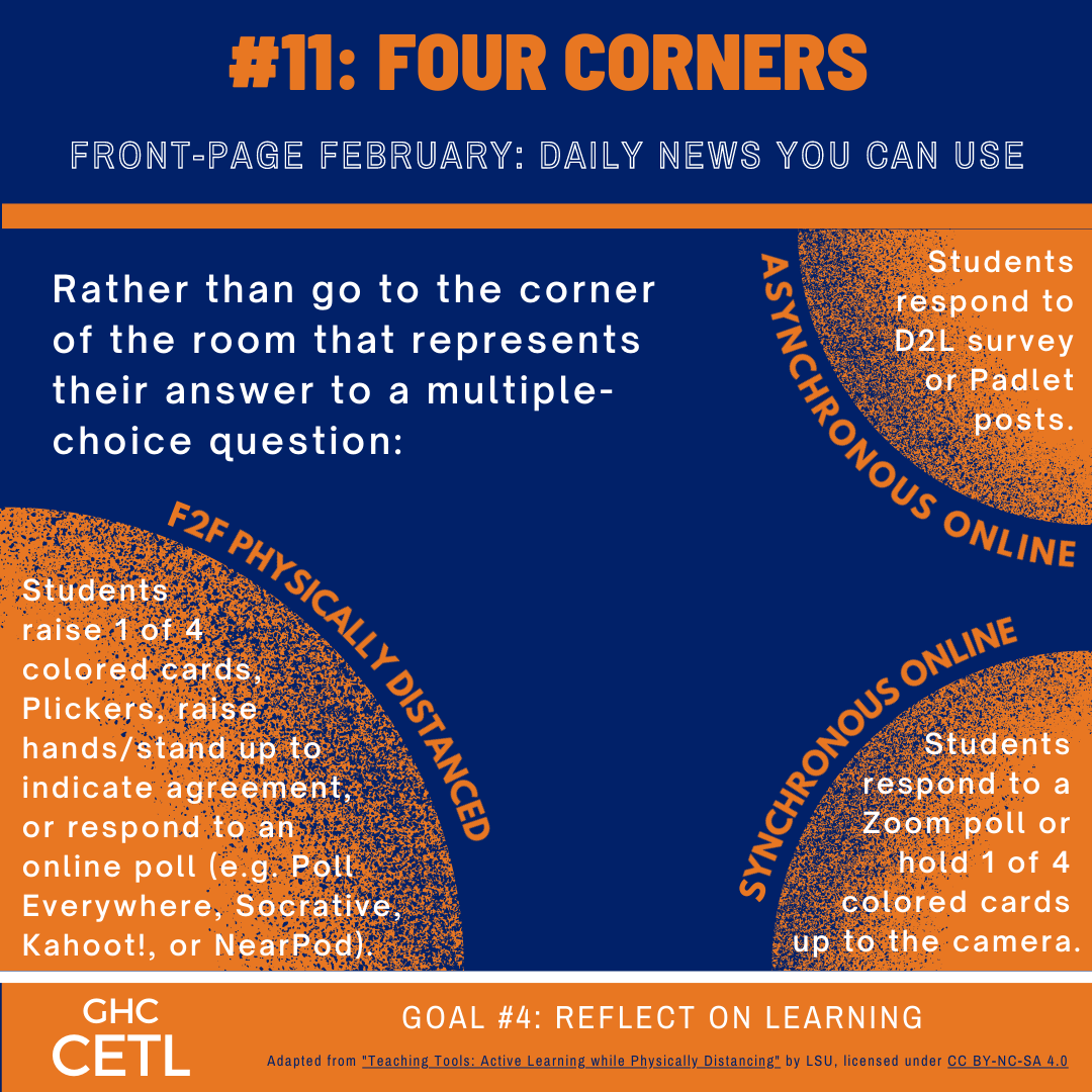 Ideas regarding how to adapt a "four corners" activity to facilitate students' reflection on their learning in face-to-face physically distanced, online-synchronous, and online-asynchronous classes