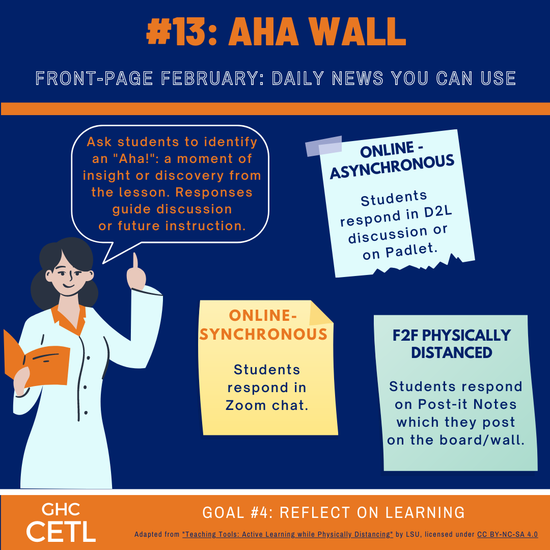 Ideas regarding how to adapt an "Aha Wall" activity to encourage students to reflect on their learning in face-to-face physically distanced, online-synchronous, and online-asynchronous classes