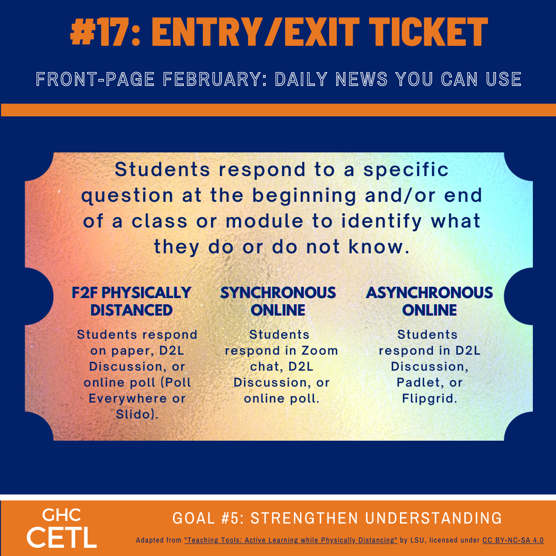 Ideas regarding how to use an Entry/Exit Ticket activity to help students strengthen their understanding in face-to-face physically distanced, online-synchronous, and online-asynchronous classes