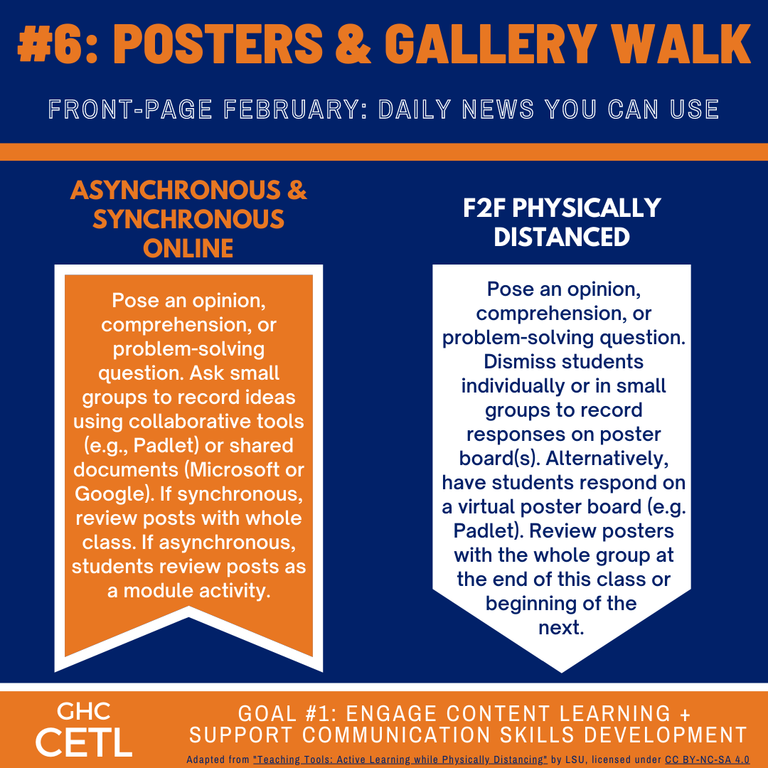 Ideas regarding how to use posters and gallery walks to facilitate student engagement in face-to-face physically distanced, online-synchronous, and online-asynchronous classes