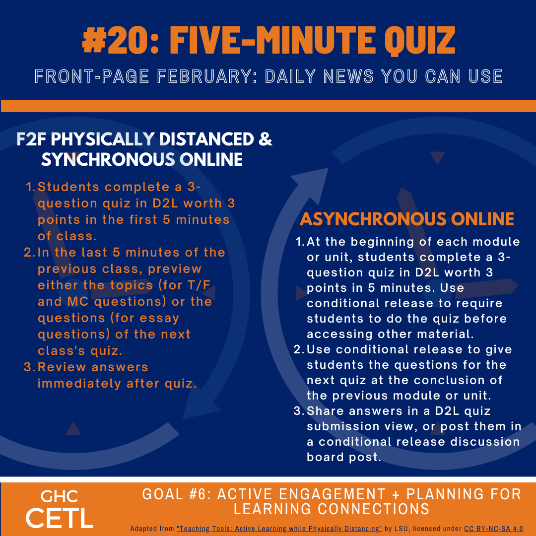 Ideas regarding how to use a five-minute quiz to help students actively engage and plan for learning connections in face-to-face physically distanced, online-synchronous, and online-asynchronous classes