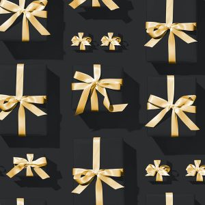 black gift boxes with gold bows