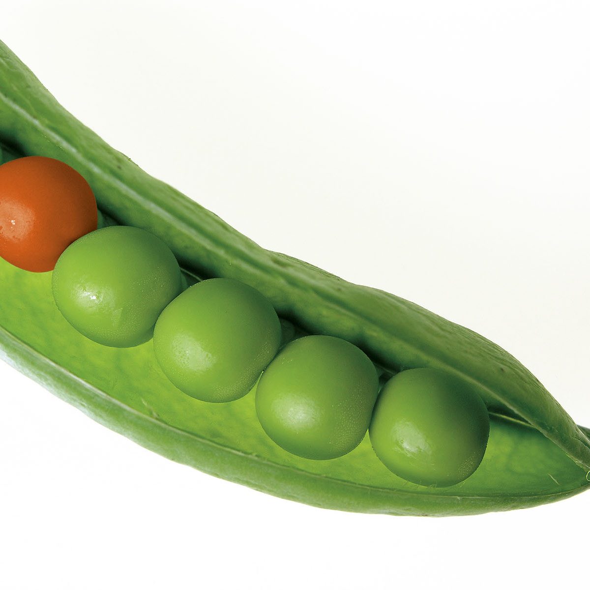 one red pea in a pod of green peas