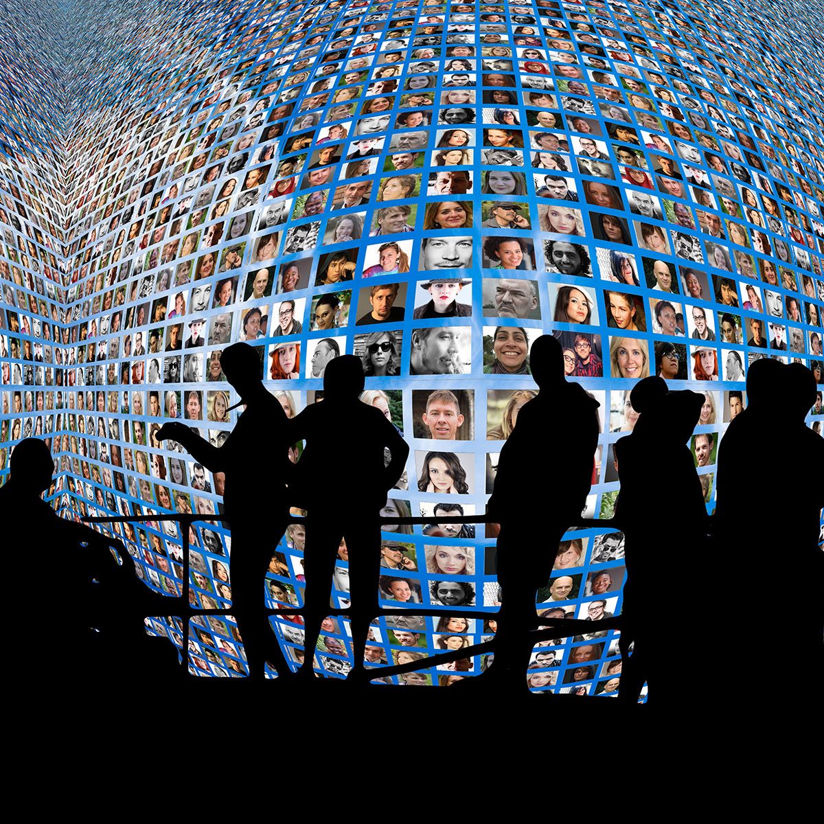 silhouettes in front of portrait photos on an undulating blue background