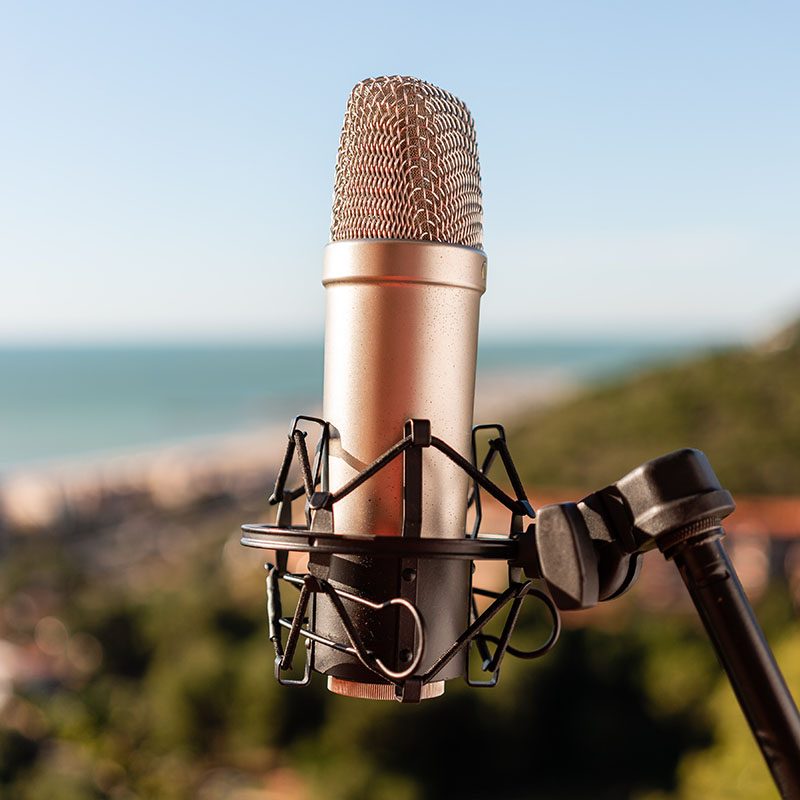 a microphone in front of a seascape