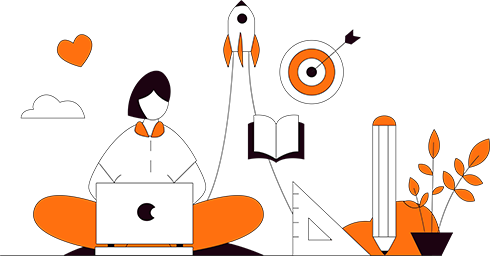 illustration of woman on laptop surrounded by a rocket, book, and pencil