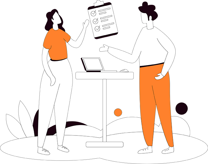 illustration of woman talking to man at a laptop about filling out a form