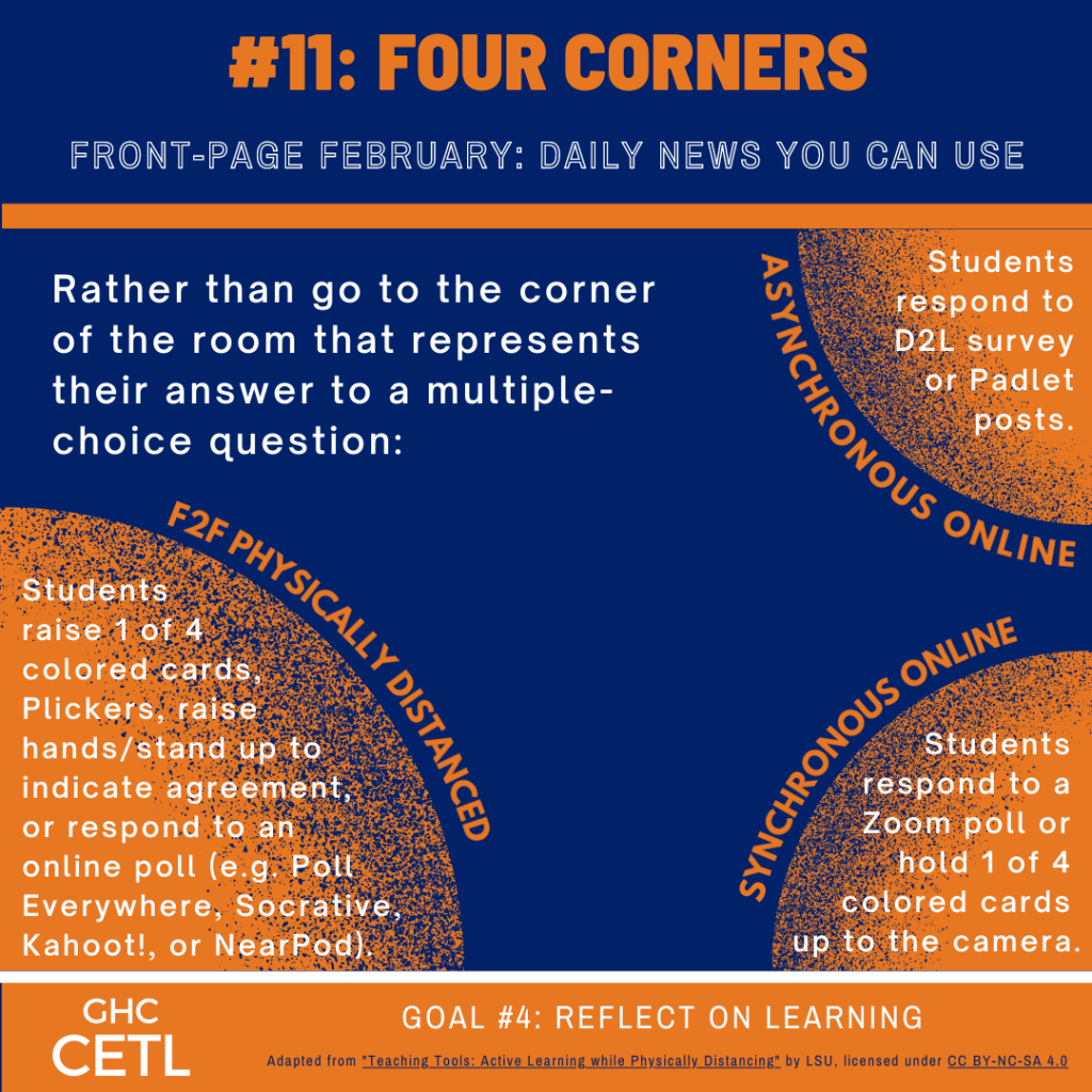 Ideas regarding how to adapt a "four corners" activity to monitor & assess student understanding in face-to-face physically distanced, online-synchronous, and online-asynchronous classes