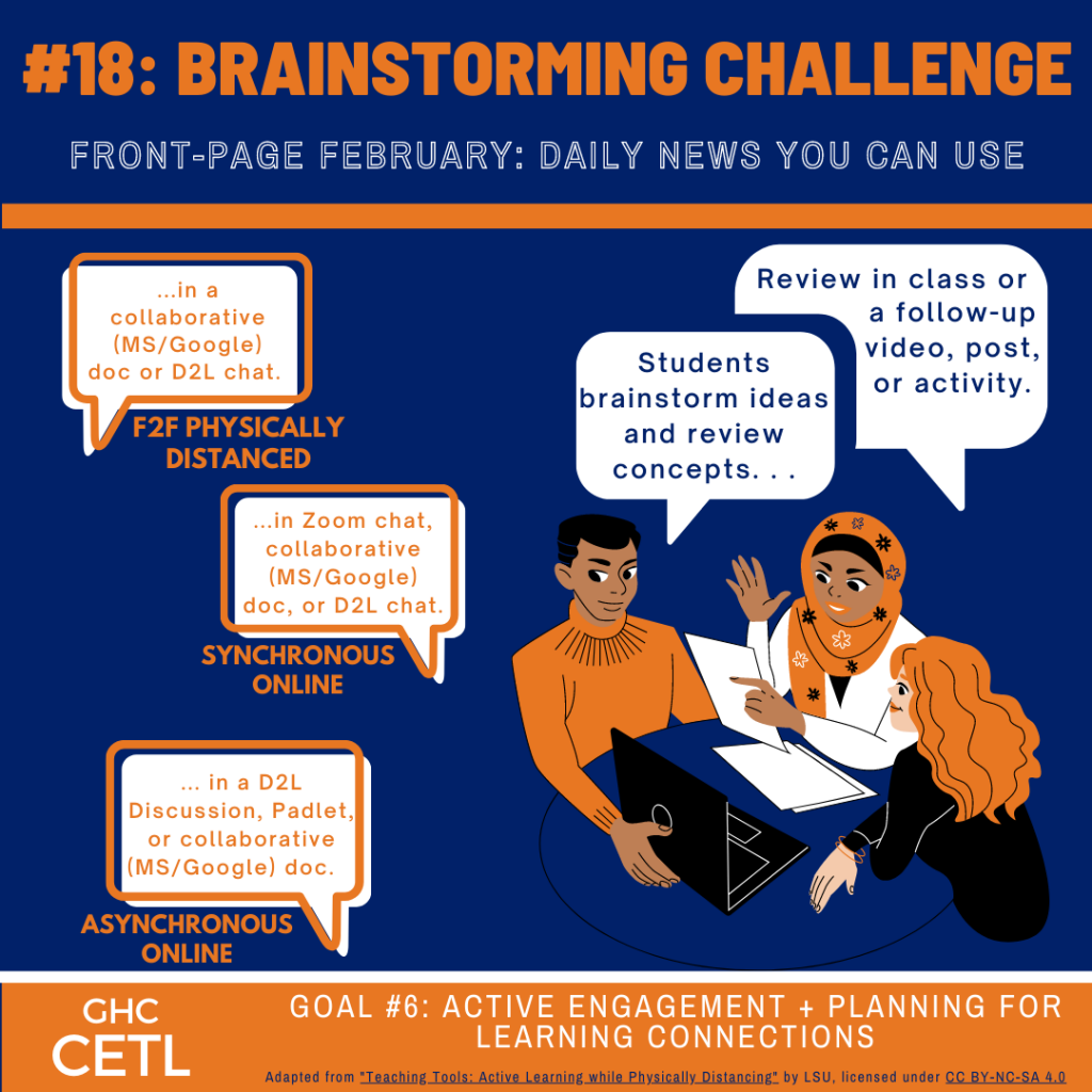 Ideas regarding how to use an Brainstorming Challenge activity to help students actively engage and plan for learning connections in face-to-face physically distanced, online-synchronous, and online-asynchronous classes