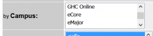 The by Campus section of  the GHC Course Offerings showing from top down, GHC Online, eCore, and eMajor.