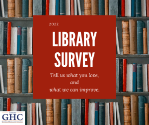 Library survey square image with red square on top with books in the background