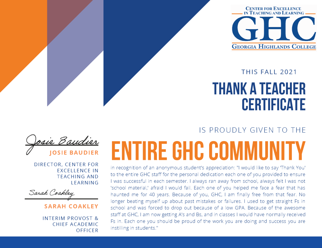 Thank a Teacher Certificate for Entire GHC Community