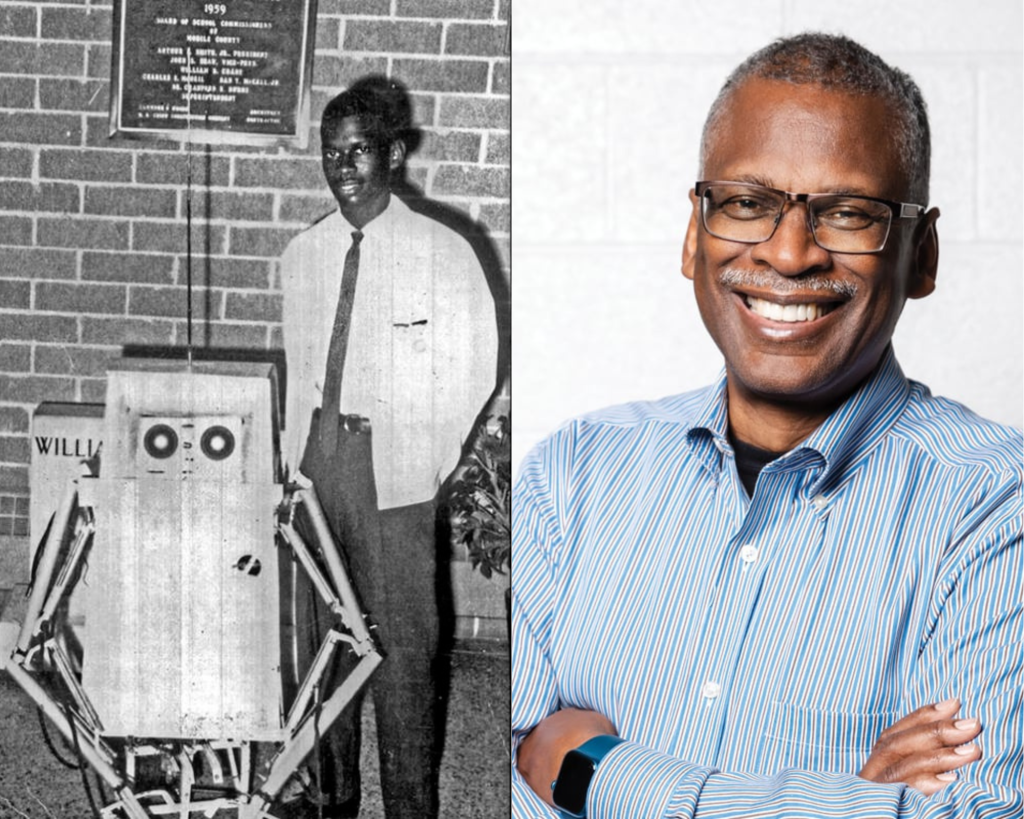 A picture of Lonnie Johnson with his robot at the 1968 science fair next to a photo of Lonnie Johnson today.