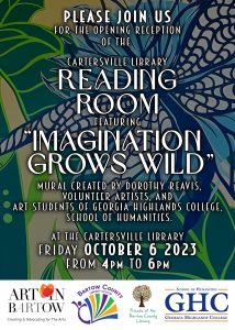 Flyer announcing the mural reception titled Reading Room: "Imagination Runs Wild." White letters on a dark floral background. The information contained in the flyer is the same information in the text of the post.