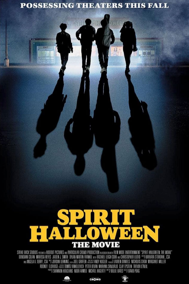 Spirit Halloween movie poster with four kids shadows entering unknown building