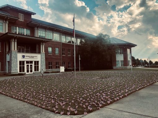 The flags on the lawn outside of campus