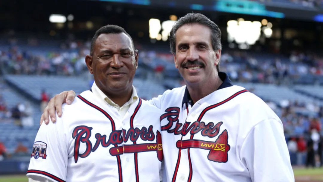 Atlanta Braves alumni Francisco Cabrera and Sid Bream attend Alumni Weekend festivities before the game between the Philadelphia Phillies and the Atlanta Braves at Turner Field on July 29, 2016 in Atlanta, Georgia. (Photo by Mike Zarrilli/Getty Images)