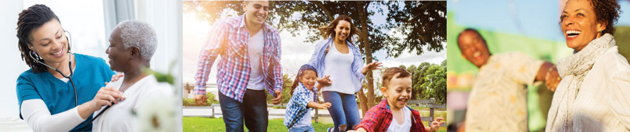 woman at doctor, young family playing, and older couple