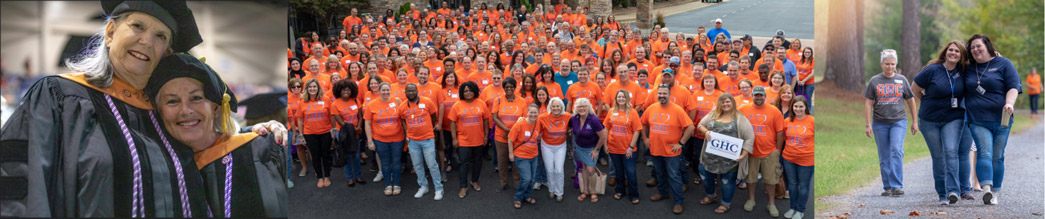 Three Images: Two female faculty members at graduation, Inservice faculty and staff group picture, and Staff members walking by lake