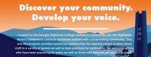 Image with orange sky showing the horizon with blue foothills and white text that says "DIscover your community; develop your voice"