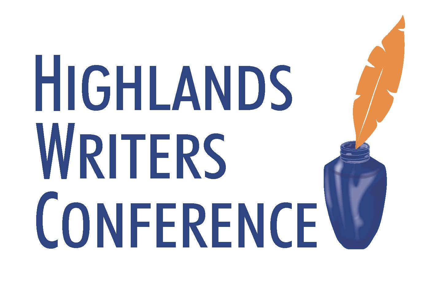 Orange feather in blue ink well with the text "Highlands Writers Conference"