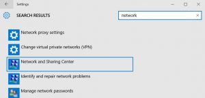 search for network and sharing center from settings dialog