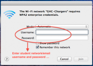 login dialog. Enter student network / email username and password