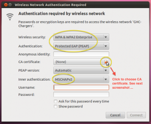Security to WPA & WPA2 Enterprise. Authentication to PEAP. Inner Authentication to MSCHAPv2.