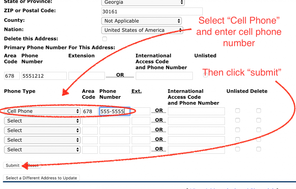 select cell phone, enter number, and submit