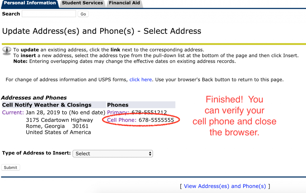 finished. you can verify your cell phone number was saved in the table and close the browser