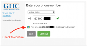 Phone input screen. Check the checkbox to confirm entry. Press continue. 