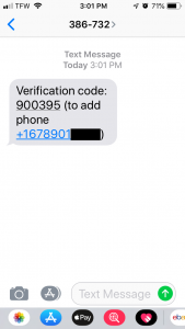 Text message with verification code