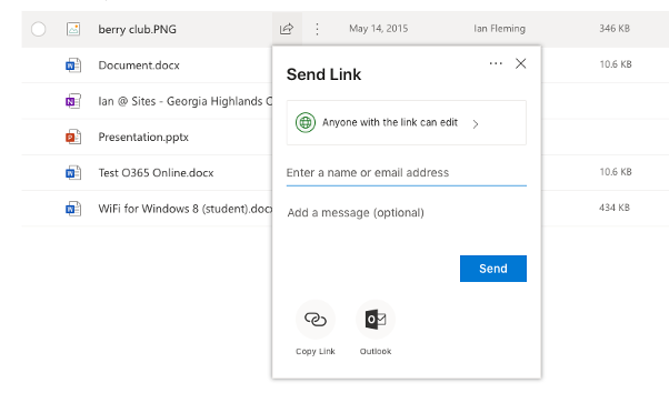 The Send Link icon in OneDrive appears when a file is selected.