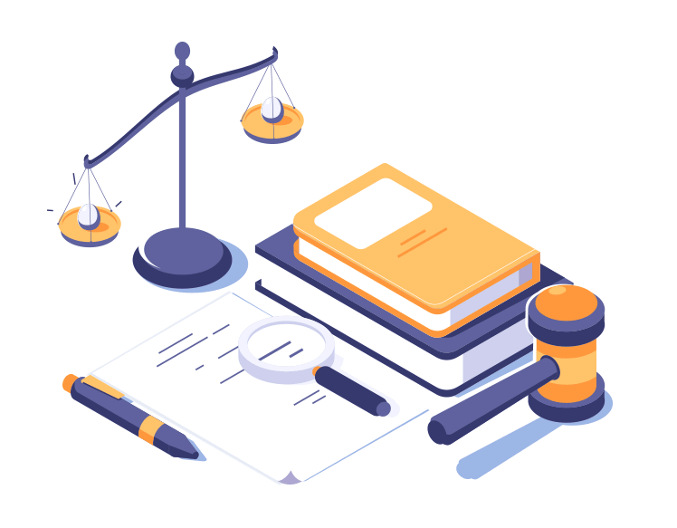 Blue and orange illustration of the scales of justice, a gavel, pen, papers, and a spy glass.