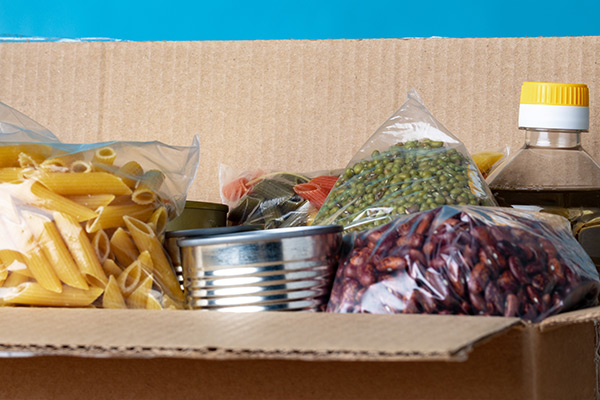 Packaged foods in a box.